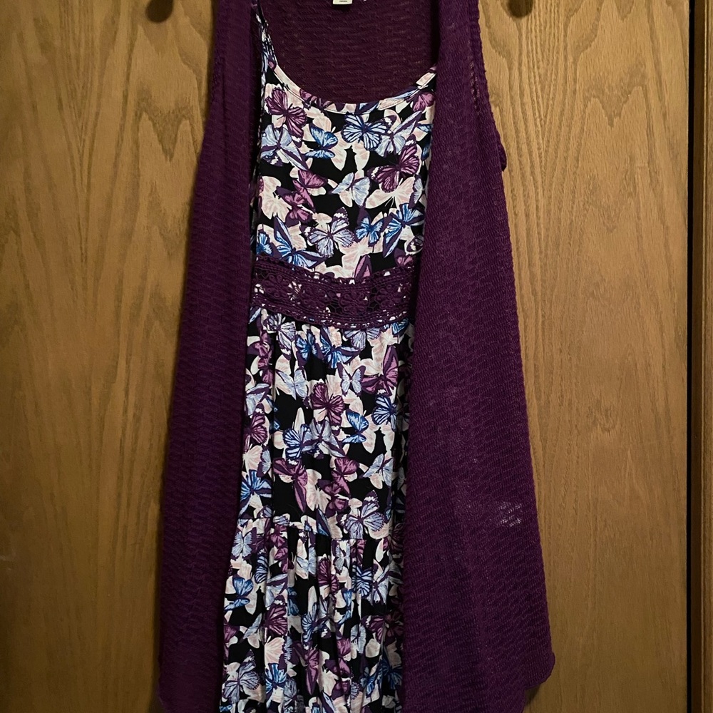 Knit Works Spaghetti Strap Butterfly Dress with Purple Knit Vest